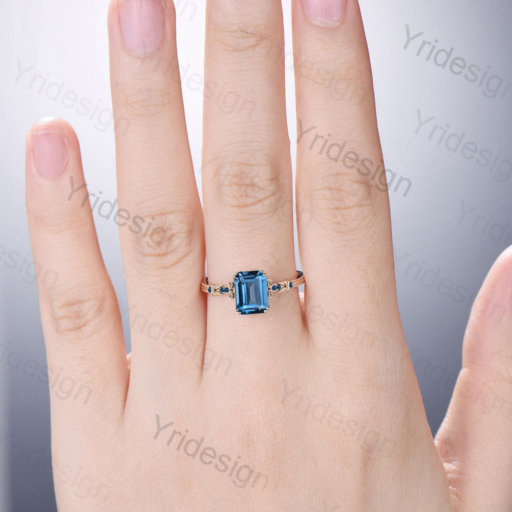 Retro Emerald Cut London Blue Topaz Ring Vintage Topaz Celtic Engagement Ring unique 8 prongs wedding Band Ring For Women Anniversary Gift - PENFINE