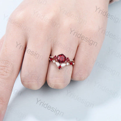 Vintage Hexagon Ruby Engagement Ring Set Silver Rose Gold  Leaf Flower Cluster Red Ruby  Wedding Ring Set Art Deco Bridal Ring Set For Women - PENFINE