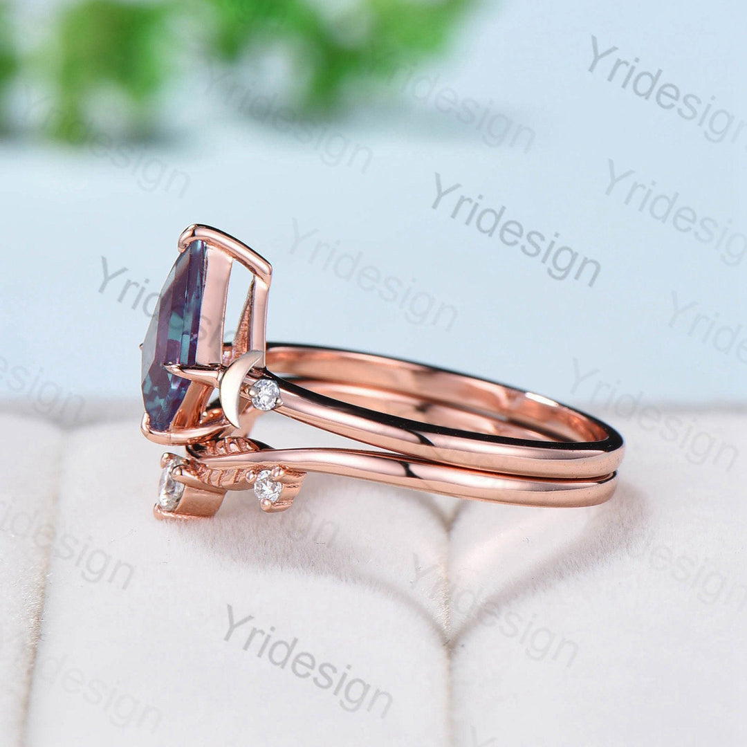 Floral Kite Cut Sapphire Ruby Engagement Ring Set Silver Rose Gold Leaves Flower Wedding Ring Set For Women Minimalist Handmade Jewelry - PENFINE