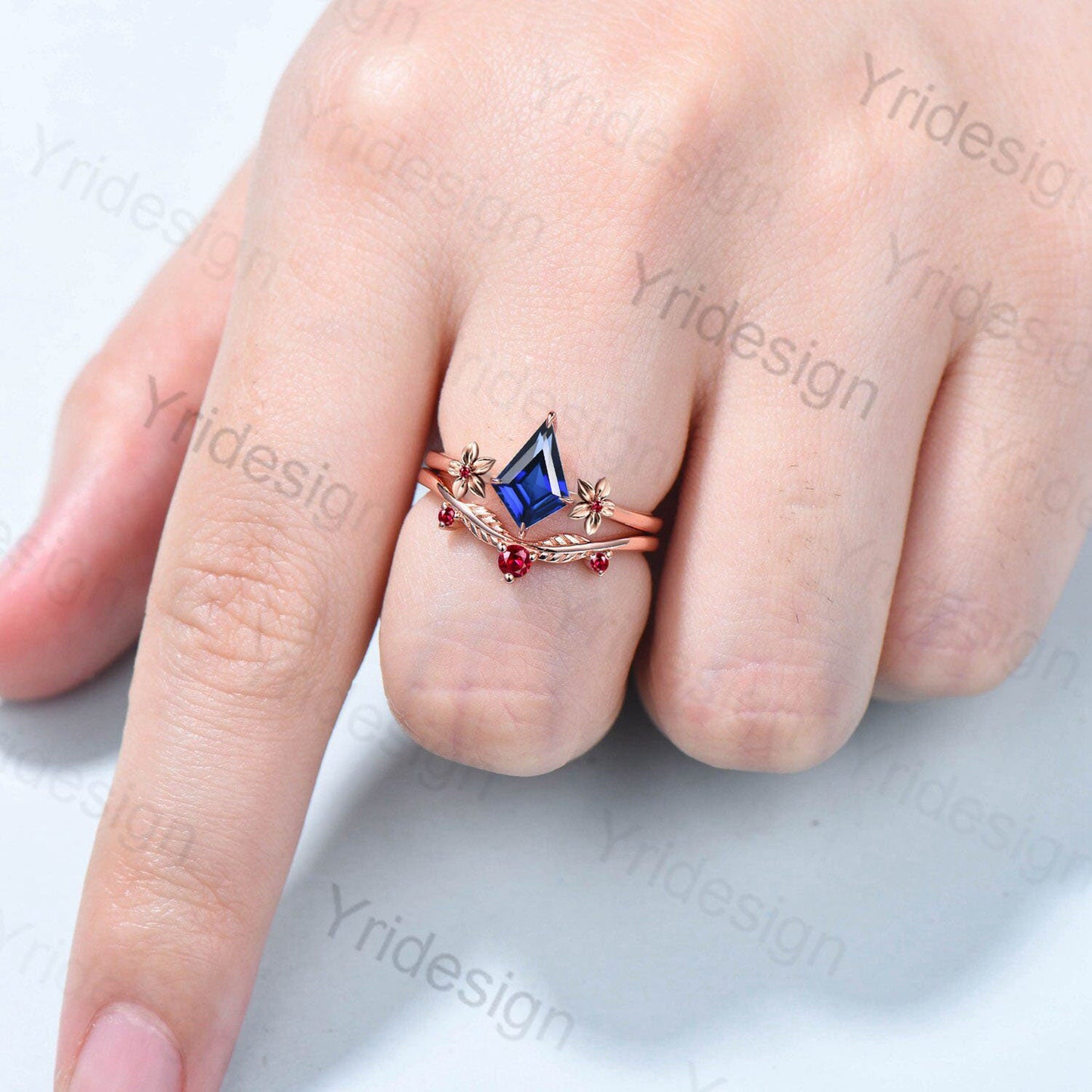 Floral Kite Cut Sapphire Ruby Engagement Ring Set Silver Rose Gold Leaves Flower Wedding Ring Set For Women Minimalist Handmade Jewelry - PENFINE