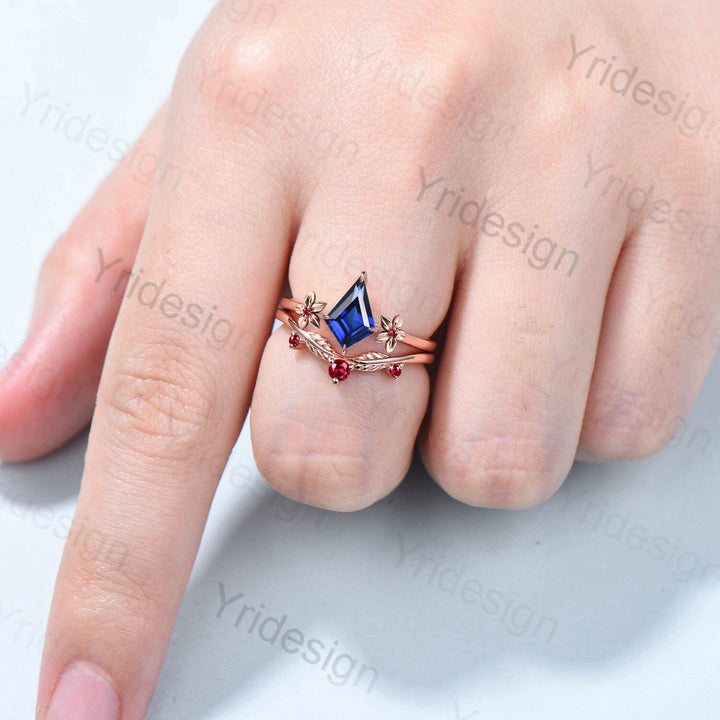 Floral Kite Cut Sapphire Ruby Engagement Ring Set Silver Rose Gold Leaves Flower Wedding Ring Set For Women Minimalist Handmade Jewelry - PENFINE