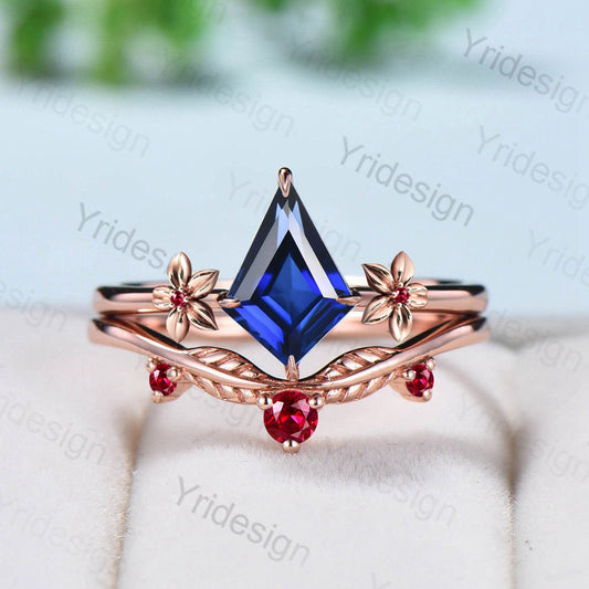 Floral Kite Cut Sapphire Ruby Engagement Ring Set Silver Rose Gold Leaves Flower Wedding Ring Set For Women Minimalist Handmade Jewelry - PENFINE