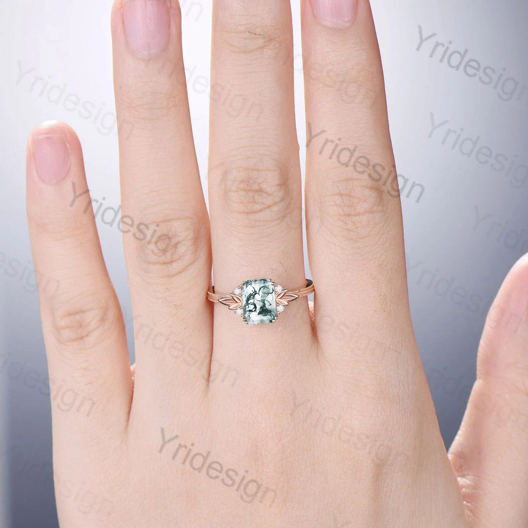 Emerald Cut Moss Agate Diamond Ring Rose Gold Leaves Inspired Green Agate Engagement Ring Cluster Moissanite Anniversary Ring for Women - PENFINE