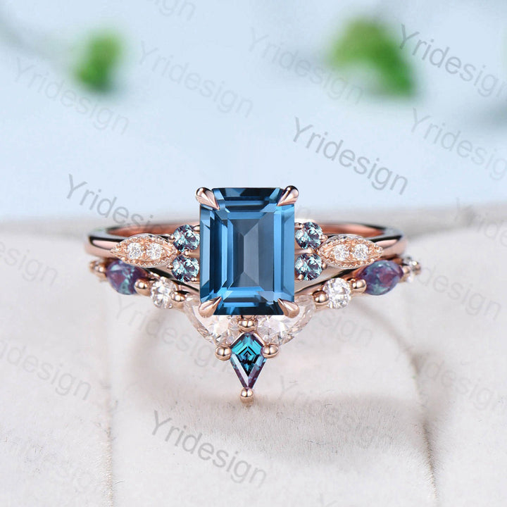Vintage Emerald Cut London Blue Topaz Ring Set Silver Rose Gold Unique Topaz Alexandrite Engagement Ring Art Deco Wedding Ring Set For Women - PENFINE
