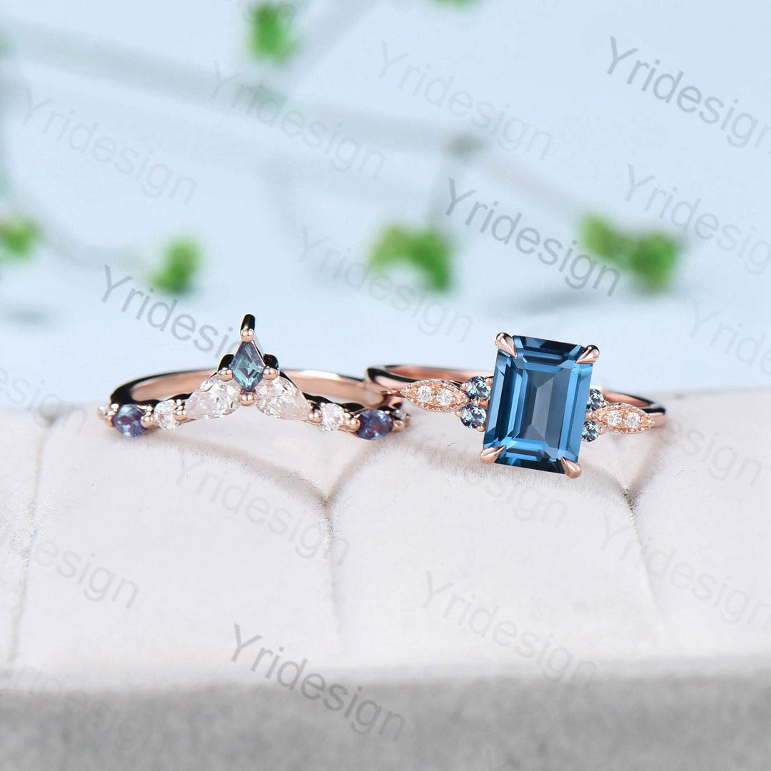 Vintage Emerald Cut London Blue Topaz Ring Set Silver Rose Gold Unique Topaz Alexandrite Engagement Ring Art Deco Wedding Ring Set For Women - PENFINE