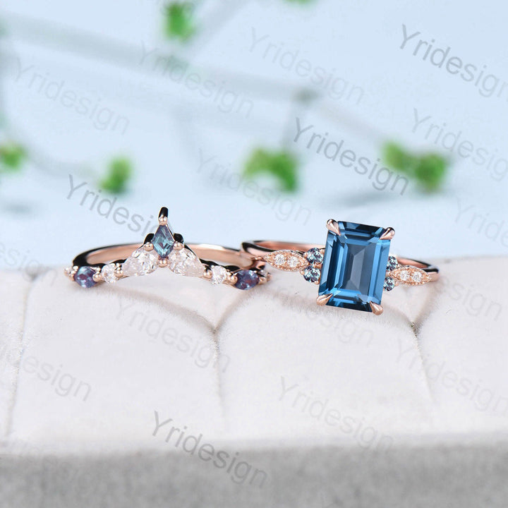 Vintage Emerald Cut London Blue Topaz Ring Set Silver Rose Gold Unique Topaz Alexandrite Engagement Ring Art Deco Wedding Ring Set For Women - PENFINE