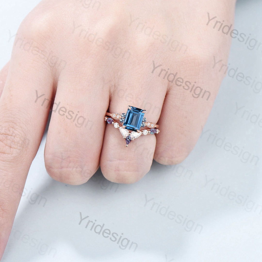 Vintage Emerald Cut London Blue Topaz Ring Set Silver Rose Gold Unique Topaz Alexandrite Engagement Ring Art Deco Wedding Ring Set For Women - PENFINE