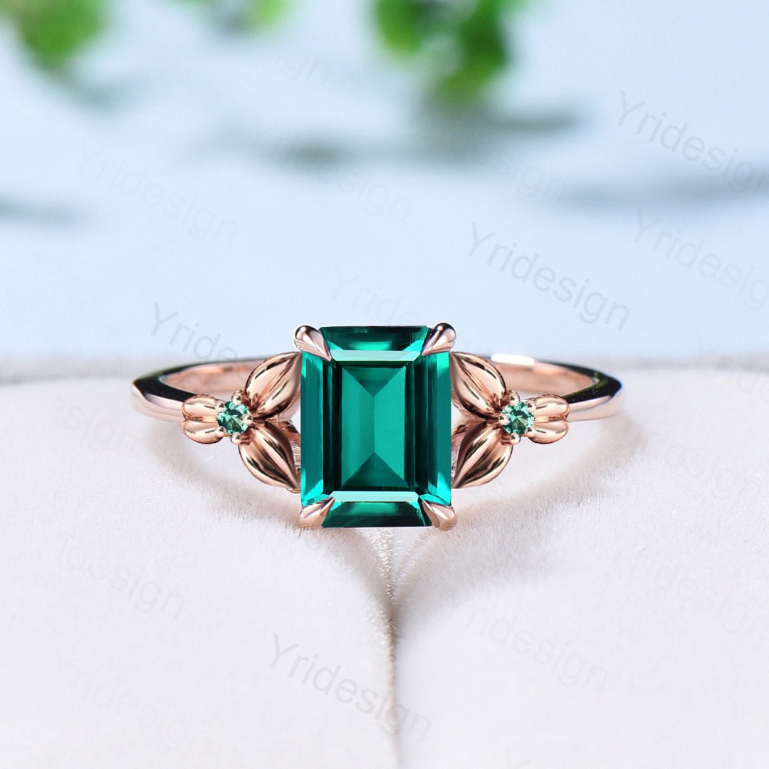 Vintage Emerald Cut Emerald Engagement Ring Natural Inspired Emerald Wedding Ring For Women Unique Floral Leaves Promise Ring Gift for Women - PENFINE