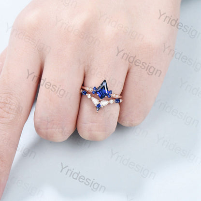 Vintage  Sapphire Ring Kite Cut Cluster Blue Sapphire Engagement Ring Set Unique Silver Rose Gold Milgrain Moissanite Wedding Set  For Women - PENFINE