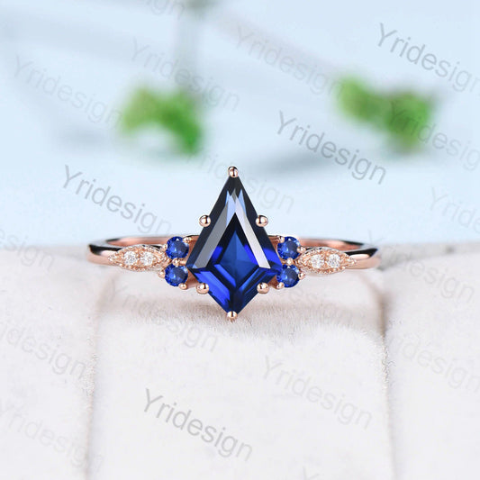 Vintage Sapphire Ring Kite Cut Cluster Blue Sapphire Engagement Ring Set Unique Silver Rose Gold Milgrain Moissanite Wedding Set For Women - PENFINE