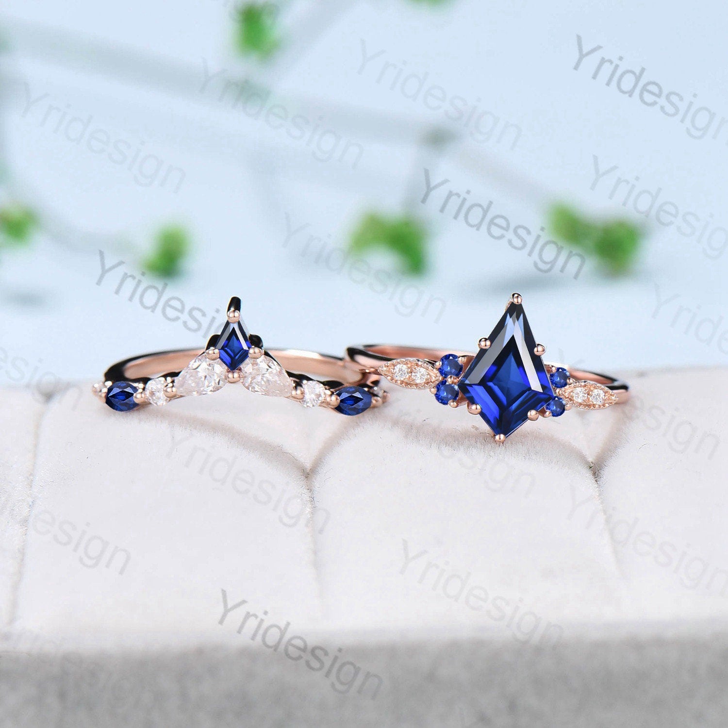 Vintage  Sapphire Ring Kite Cut Cluster Blue Sapphire Engagement Ring Set Unique Silver Rose Gold Milgrain Moissanite Wedding Set  For Women - PENFINE