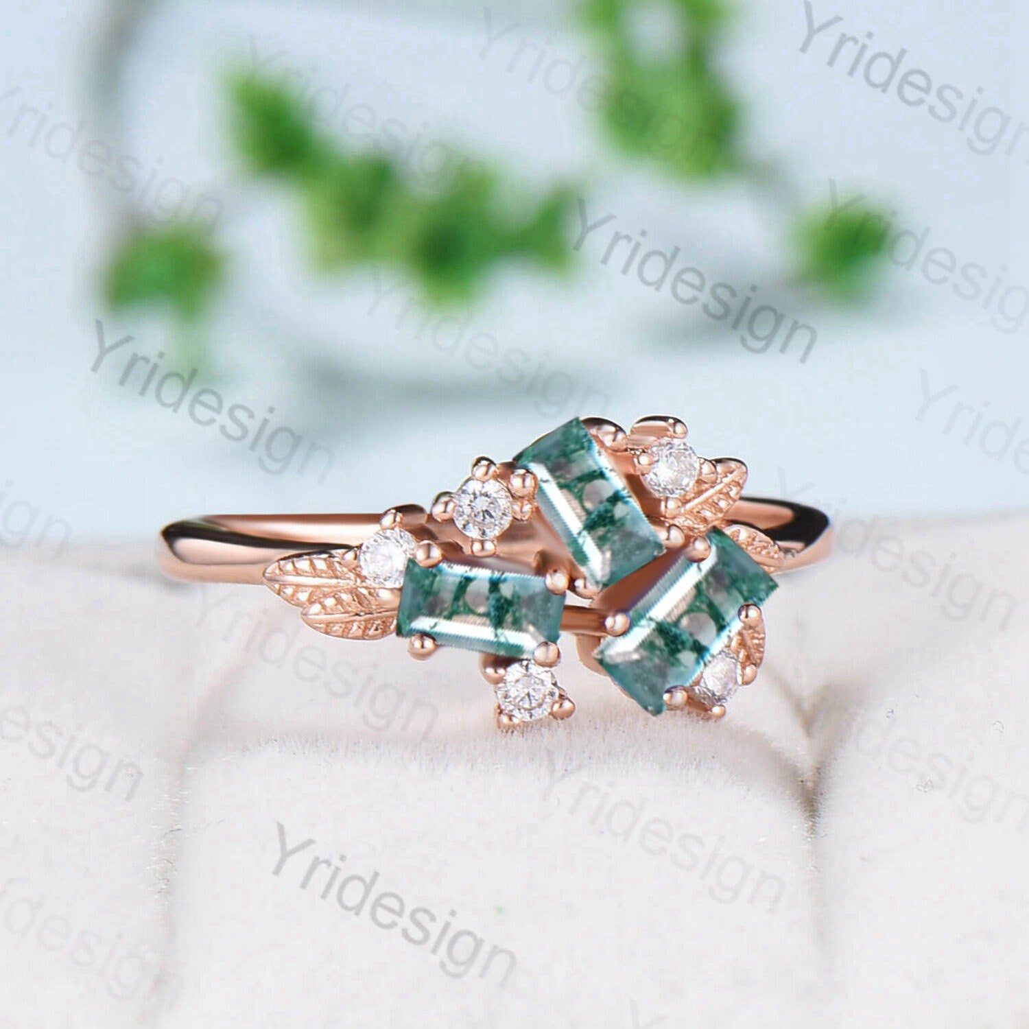 Unique Baguette Moss agate Wedding Ring Green Agate Leaf Wedding Band Women Green Crystal Stacking Cluster Moissanite Ring Anniversary Gift - PENFINE