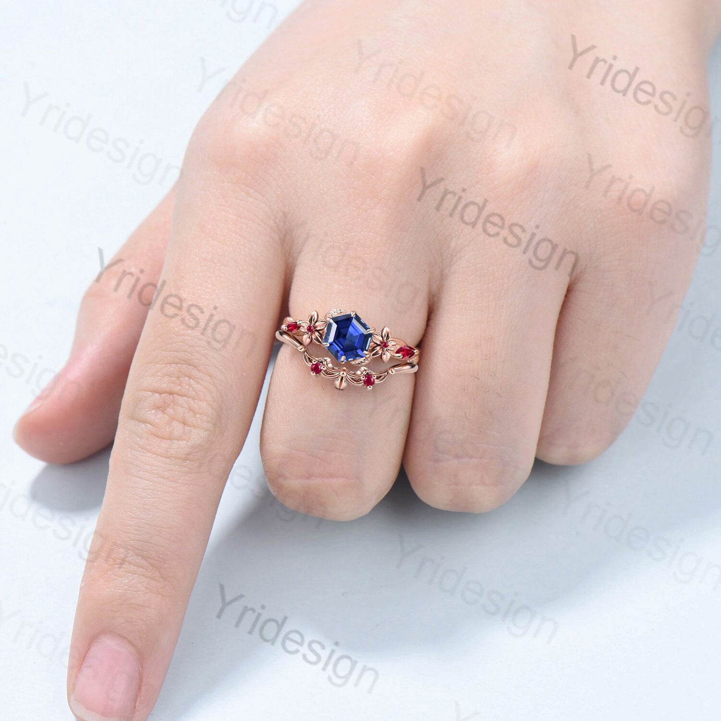 Elegant Hexagon cut sapphire engagement ring set Nature Inspired leaf sapphire ruby wedding ring for women cluster leaf flower bridal set - PENFINE