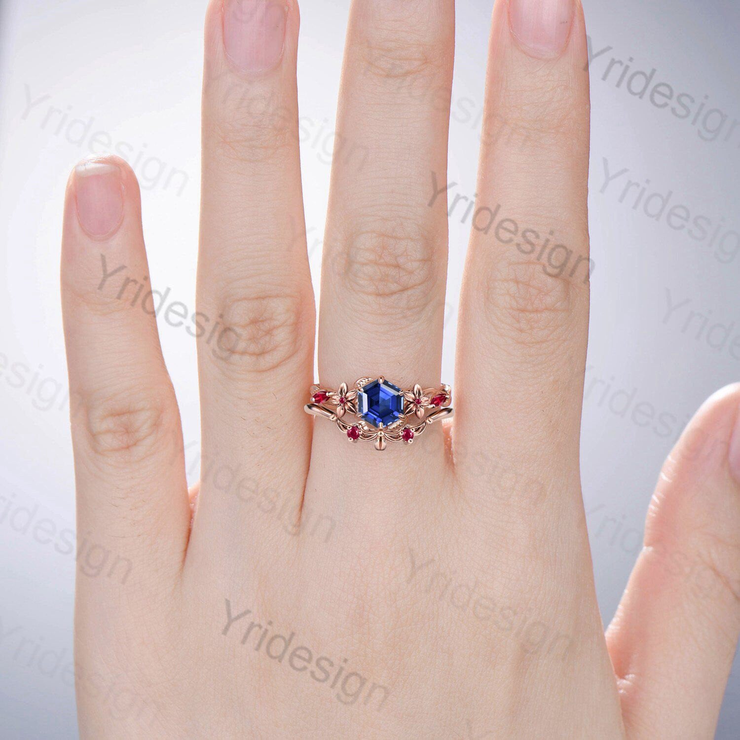 Elegant Hexagon cut sapphire engagement ring set Nature Inspired leaf sapphire ruby wedding ring for women cluster leaf flower bridal set - PENFINE