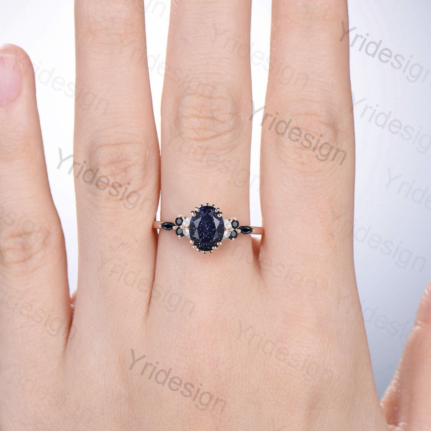 Unique Oval Cut Blue Sandstone Ring Vintage Galaxy Blue Goldstone Engagement Ring Floral black Spinel Wedding Ring for Women Promise Ring - PENFINE