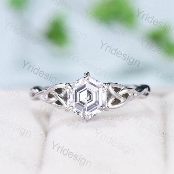 Norse Viking Hexagon Moissanite Ring Set Celtic Love Knot Moissanite Engagement Ring White Gold Unique Twisted Wedding Ring Set For Women - PENFINE