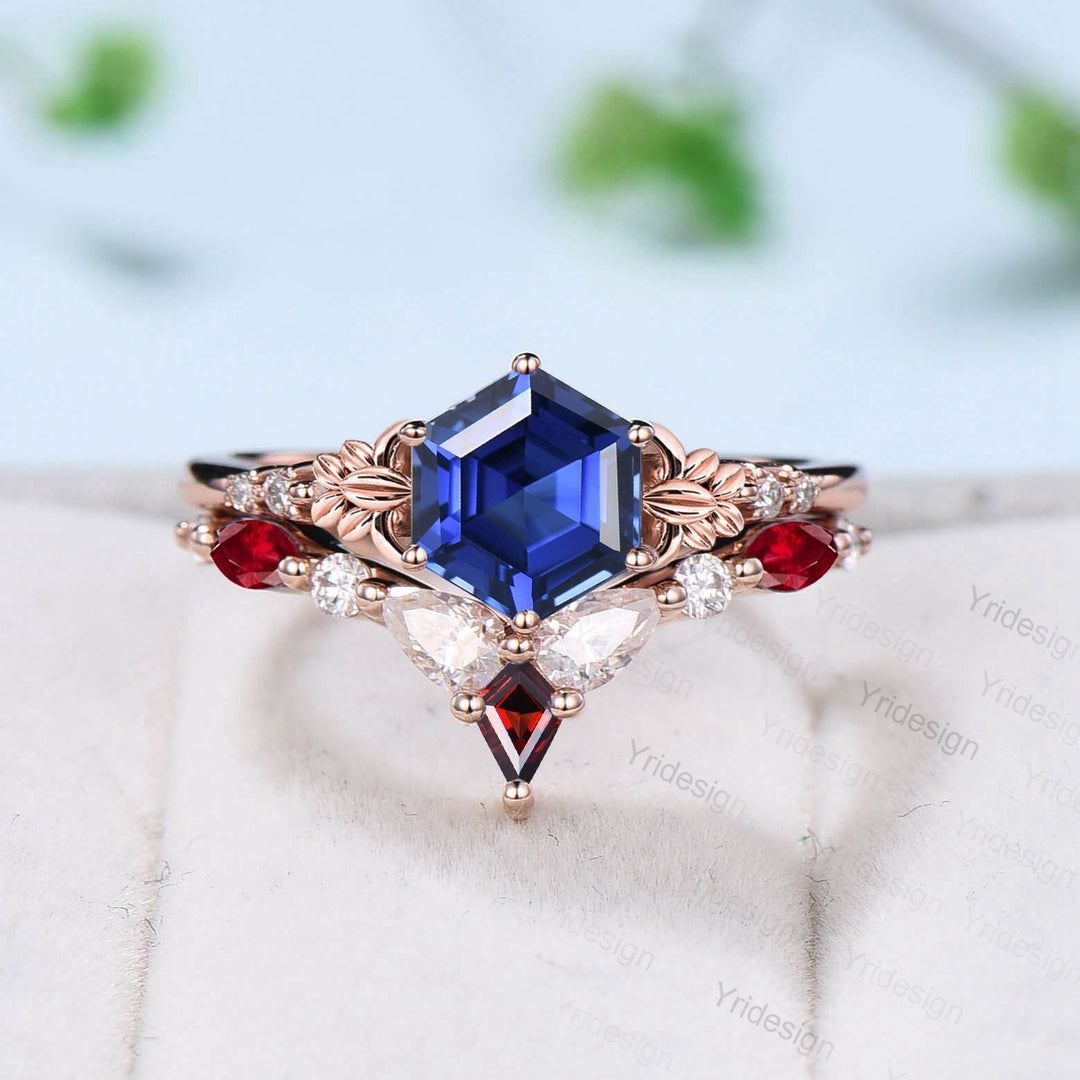 Retro Hexagon sapphire ruby engagement ring set Nature Inspired leaf blue sapphire wedding ring vintage cluster flower bridal set for women - PENFINE