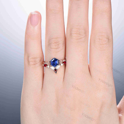 Retro Hexagon sapphire ruby engagement ring set Nature Inspired leaf blue sapphire wedding ring vintage cluster flower bridal set for women - PENFINE
