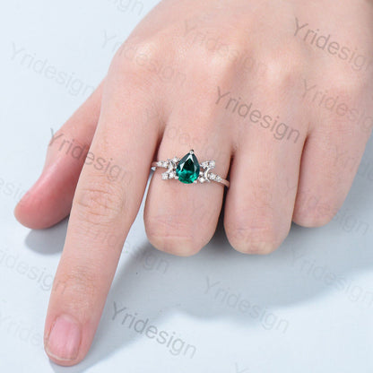 Vintage emerald engagement ring crescent moon pear shaped green gemstone promise ring Unique cluster moissanite anniversary gift for Women - PENFINE