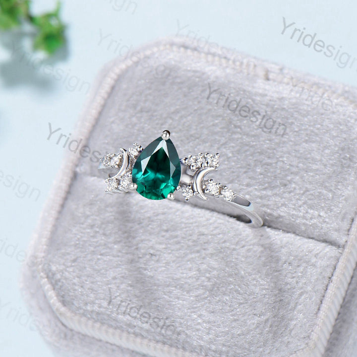 Vintage emerald engagement ring crescent moon pear shaped green gemstone promise ring Unique cluster moissanite anniversary gift for Women - PENFINE