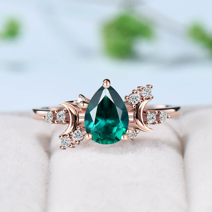 Vintage emerald engagement ring crescent moon pear shaped green gemstone promise ring Unique cluster moissanite anniversary gift for Women - PENFINE