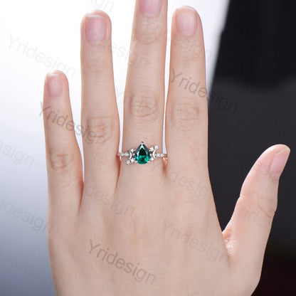 Vintage emerald engagement ring crescent moon pear shaped green gemstone promise ring Unique cluster moissanite anniversary gift for Women - PENFINE