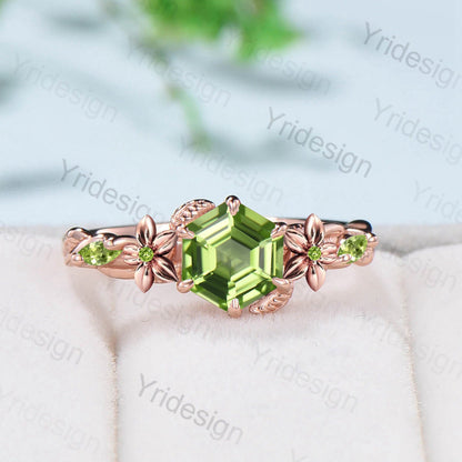 Flower Hexagon Cut Peridot Ring Vintage Unique Floral Green Peridot Engagement Ring Leaves Nature Inspired Twisted Wedding Ring For Women - PENFINE