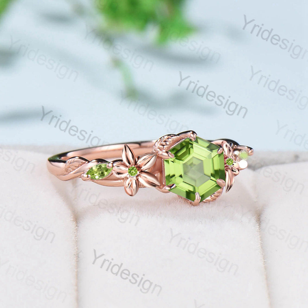 Flower Hexagon Cut Peridot Ring Vintage Unique Floral Green Peridot Engagement Ring Leaves Nature Inspired Twisted Wedding Ring For Women - PENFINE