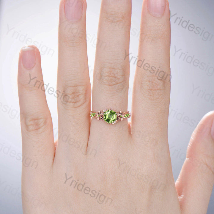 Flower Hexagon Cut Peridot Ring Vintage Unique Floral Green Peridot Engagement Ring Leaves Nature Inspired Twisted Wedding Ring For Women - PENFINE