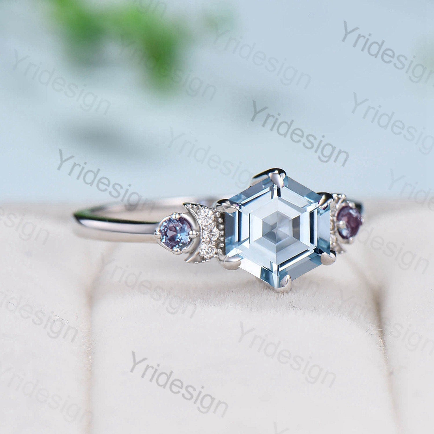 Unique hexagon aquamarine engagement ring Magic celestial moon March birthstone engagement ring vintage crescent wedding ring gift for women - PENFINE