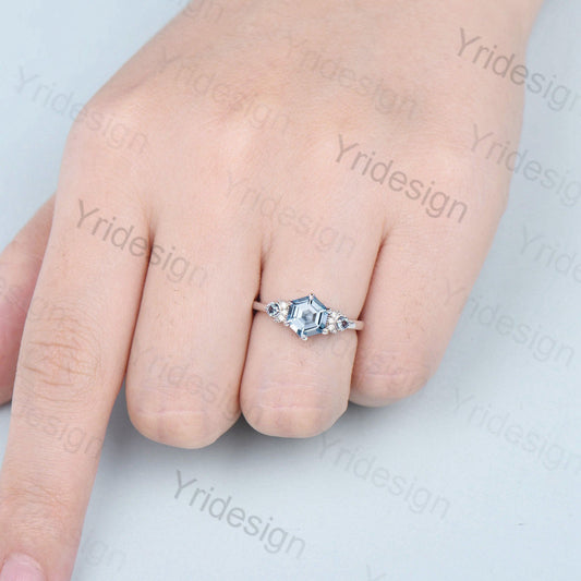 Unique hexagon aquamarine engagement ring Magic celestial moon March birthstone engagement ring vintage crescent wedding ring gift for women - PENFINE