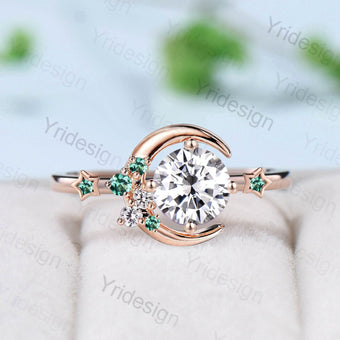 Vintage Crescent moon Moissanite Engagement Ring For Women Unique Cluster Star Galaxy moissanite wedding ring celestial anniversary gift - PENFINE