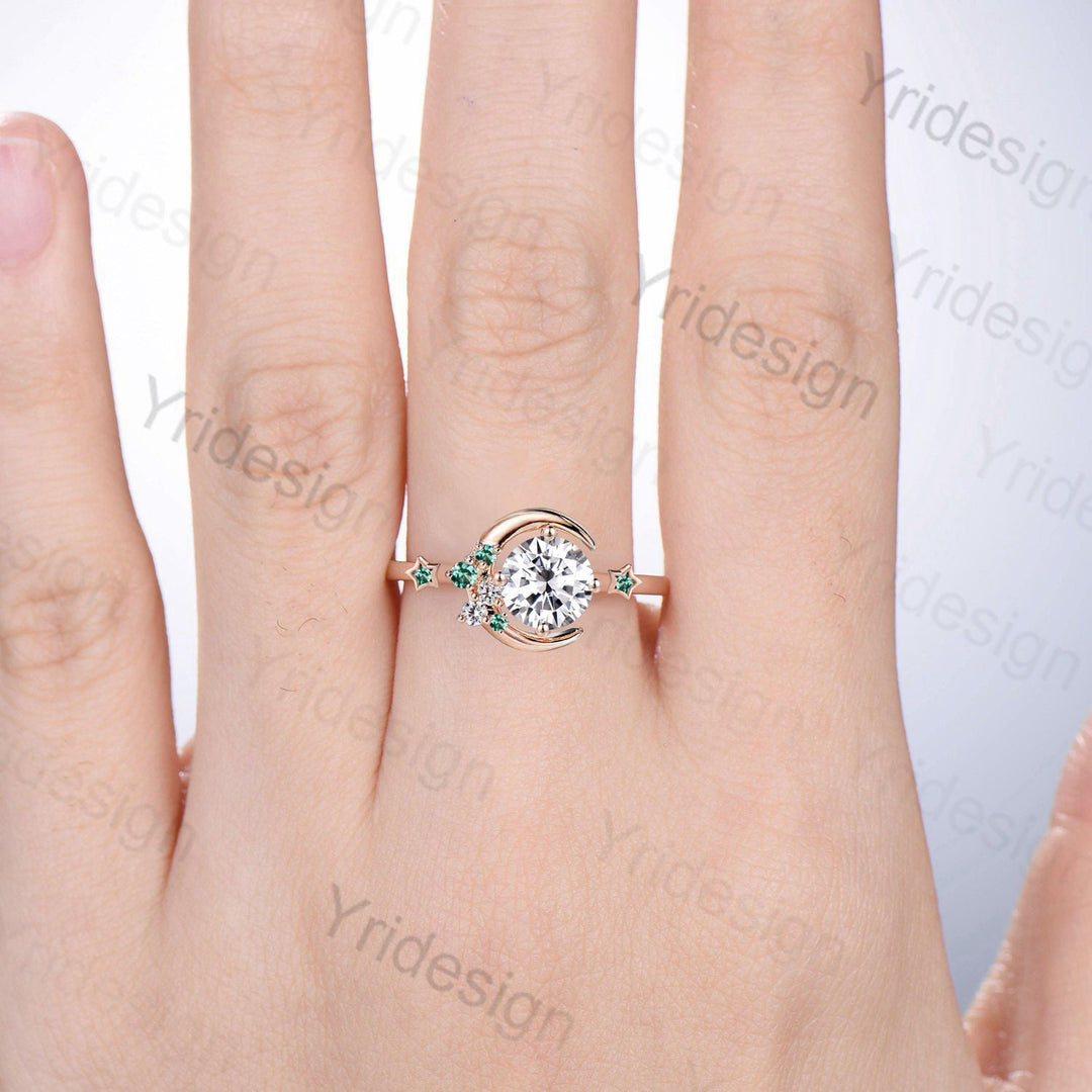 Vintage Crescent moon Moissanite Engagement Ring For Women Unique Cluster Star Galaxy moissanite wedding ring celestial anniversary gift - PENFINE