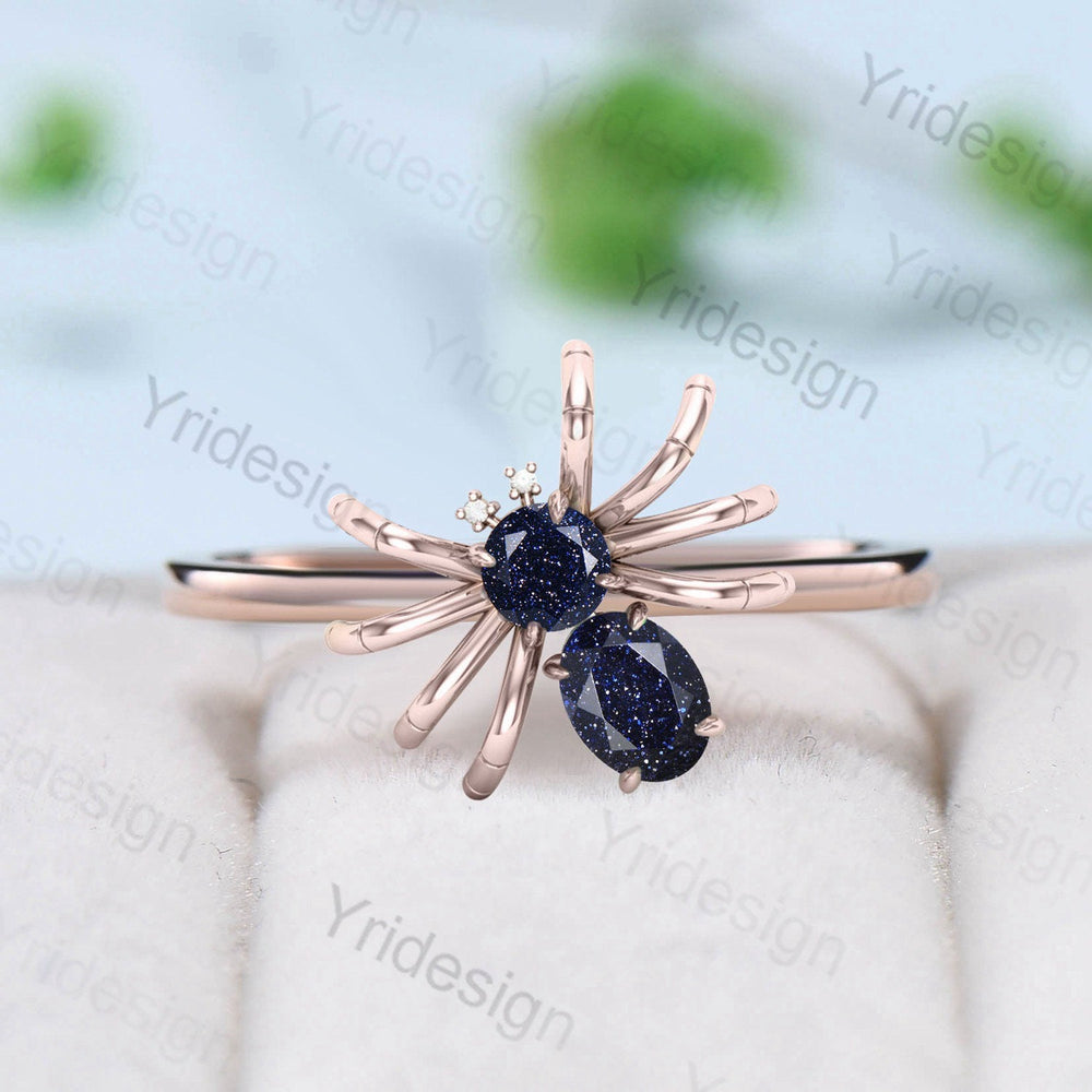 Antique spider blue sandstone engagement ring vintage silver rose gold gothic blue goldstone wedding ring for women handmade Proposal gift - PENFINE