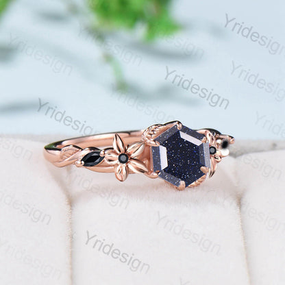 Natural Inspired Blue Sandstone Ring Floral Hexagon Cut Blue Goldstone Engagement Ring Leaves Twisted Black Gemstone Wedding Ring For Women - PENFINE