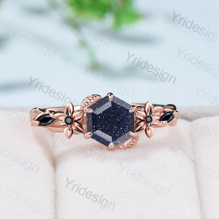 Natural Inspired Blue Sandstone Ring Floral Hexagon Cut Blue Goldstone Engagement Ring Leaves Twisted Black Gemstone Wedding Ring For Women - PENFINE