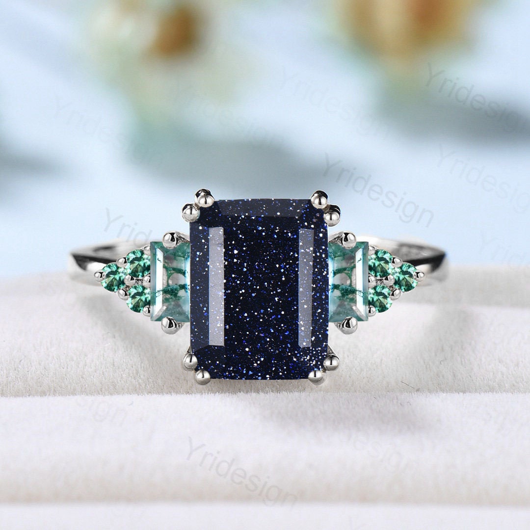 Vintage 7x9mm Emerald Cut Blue Sandstone Ring 8 Prongs Cluster Baguette Aquatic Agate Engagement Ring Unique Crystal Wedding Ring Women - PENFINE