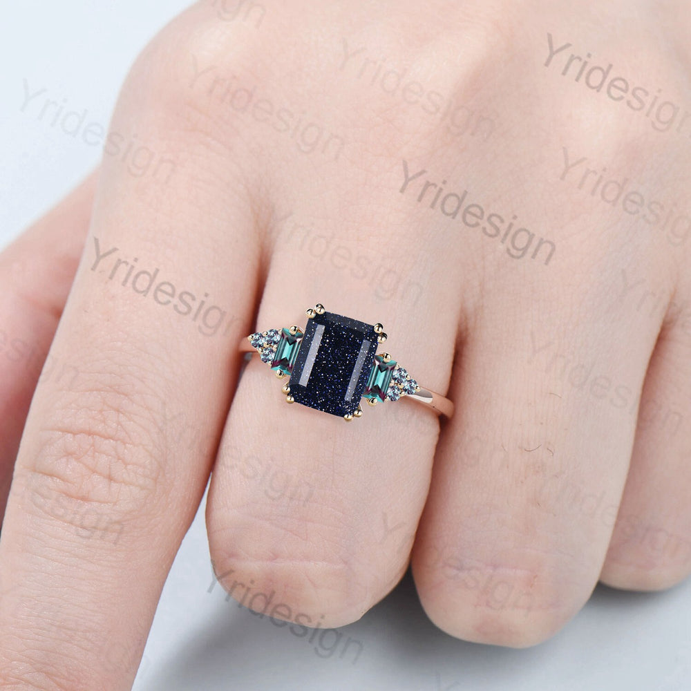 Unique 7x9mm Emerald Cut Blue Sandstone Ring 8 Prongs Cluster Baguette Alexandrite Gold Stone Engagement Ring Crystal Wedding Ring for Women - PENFINE