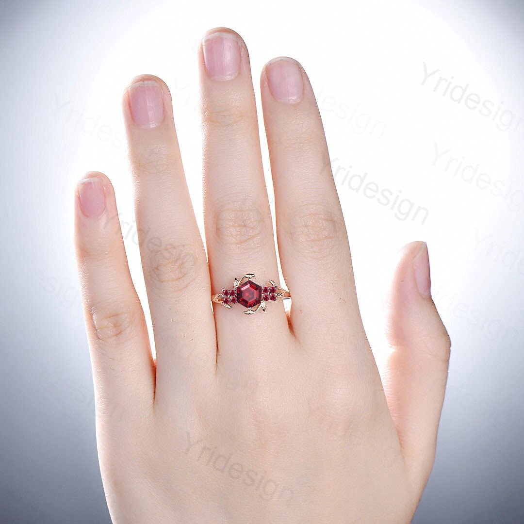Floral Leaves Ruby Ring Unique Nature Inspired Red Ruby Leaf Engagement Ring Vintage Branch Crystal Wedding Ring Women July Birthstone Gift - PENFINE