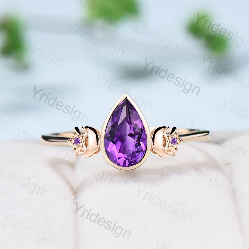 Vintage Pear Shaped Amethyst Engagement Ring Unique moon star bezel set purple crystal silver rose gold wedding ring for women birthday gift - PENFINE