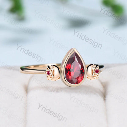 Vintage Pear Shaped Ruby Engagement Ring Unique moon star bezel set lab ruby crystal silver rose gold wedding ring for women birthday gift - PENFINE