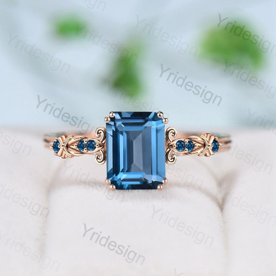 Retro Emerald Cut London Blue Topaz Ring Vintage Topaz Celtic Engagement Ring unique 8 prongs wedding Band Ring For Women Anniversary Gift - PENFINE