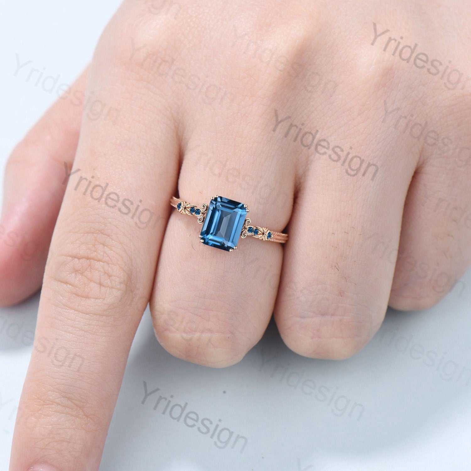 Retro Emerald Cut London Blue Topaz Ring Vintage Topaz Celtic Engagement Ring unique 8 prongs wedding Band Ring For Women Anniversary Gift - PENFINE
