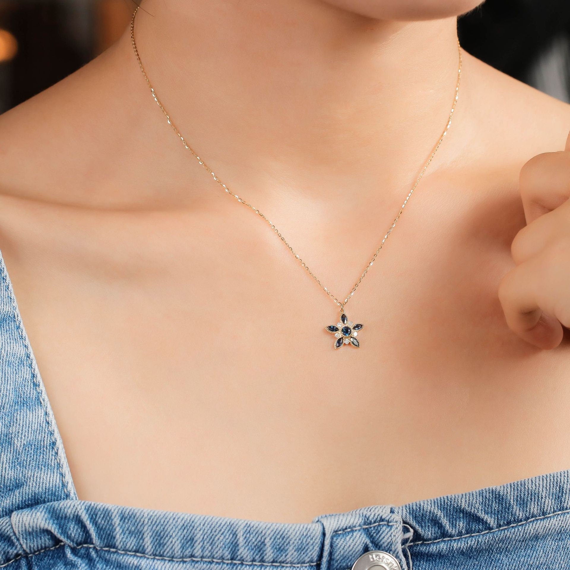 18K yellow gold teal sapphire pendant necklace vintage blue sapphire diamond pendant necklace floral necklace engagement gift for women - PENFINE