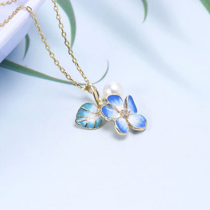 Nature inspired pearl pendant necklace vintage leaves flower pendant 9k/14k/18k yellow gold enamel pendant necklace promise gift for women - PENFINE