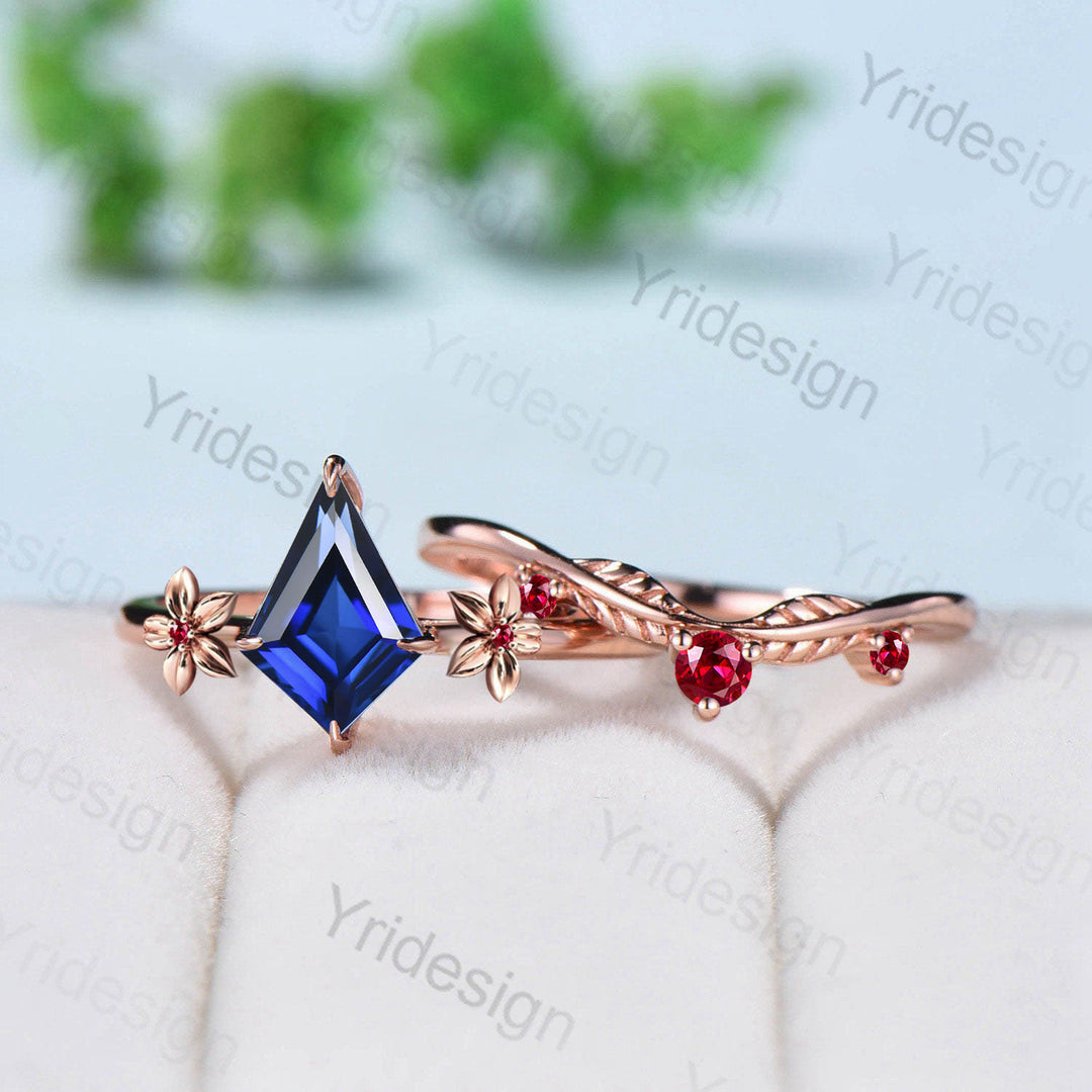 Floral Kite Cut Sapphire Ruby Engagement Ring Set Silver Rose Gold Leaves Flower Wedding Ring Set For Women Minimalist Handmade Jewelry - PENFINE