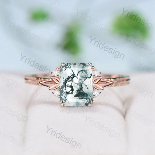 Emerald Cut Moss Agate Diamond Ring Rose Gold Leaves Inspired Green Agate Engagement Ring Cluster Moissanite Anniversary Ring for Women - PENFINE