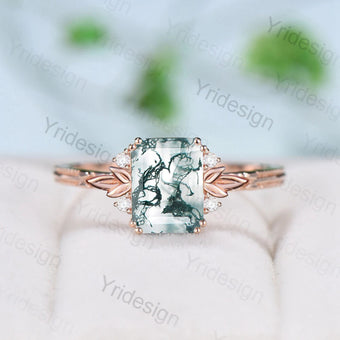 Emerald Cut Moss Agate Diamond Ring Rose Gold Leaves Inspired Green Agate Engagement Ring Cluster Moissanite Anniversary Ring for Women - PENFINE