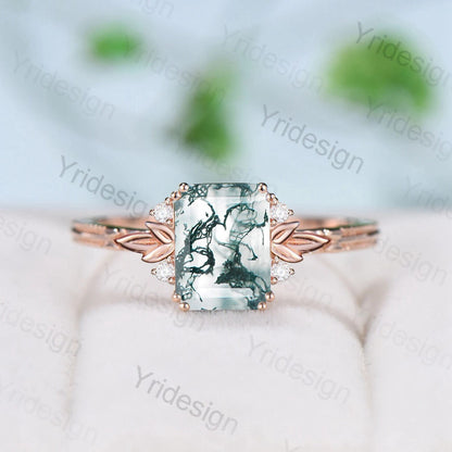 Emerald Cut Moss Agate Diamond Ring Rose Gold Leaves Inspired Green Agate Engagement Ring Cluster Moissanite Anniversary Ring for Women - PENFINE