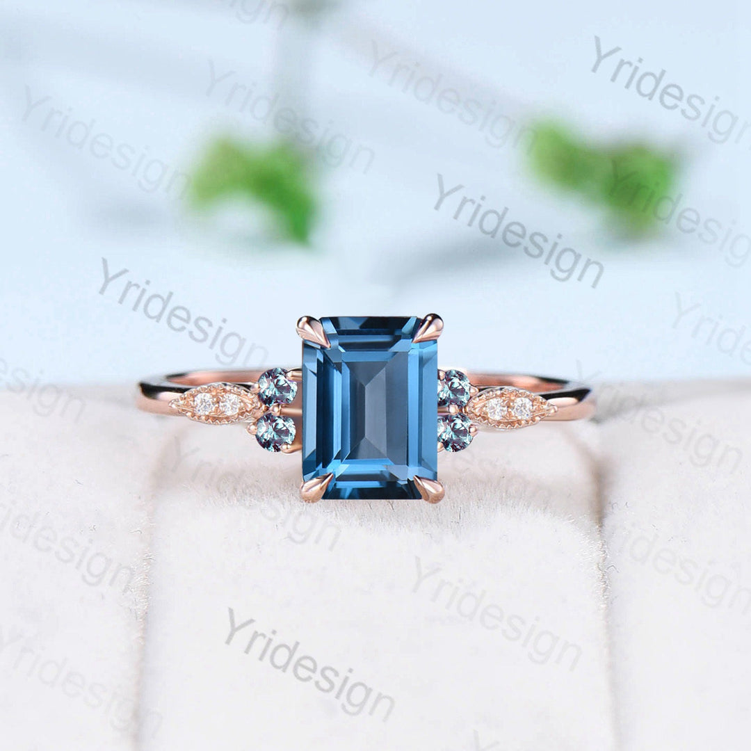 Vintage Emerald Cut London Blue Topaz Ring Set Silver Rose Gold Unique Topaz Alexandrite Engagement Ring Art Deco Wedding Ring Set For Women - PENFINE